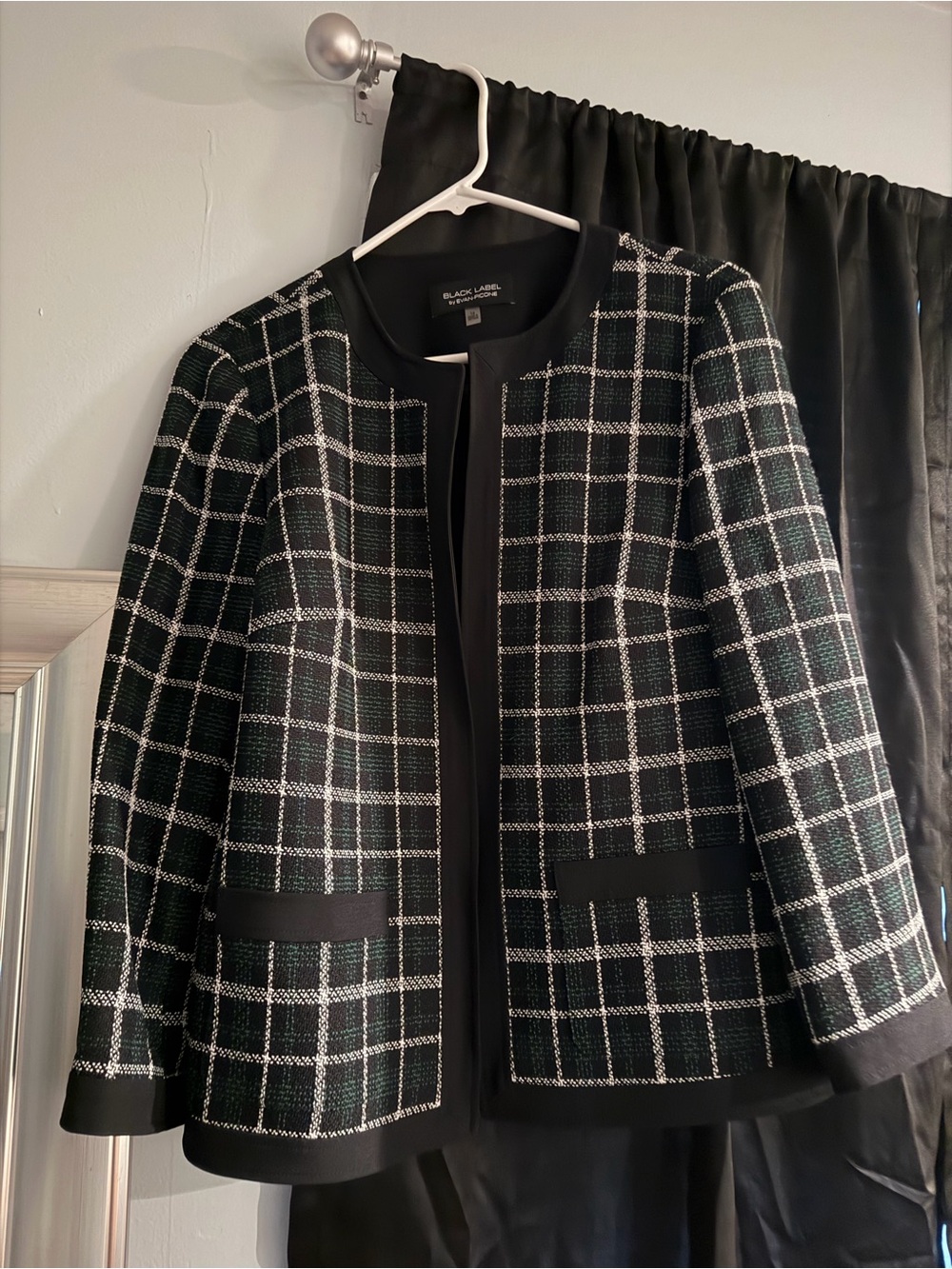 Evan Picone Black & White Windowpane Tweed Open-Front Blazer